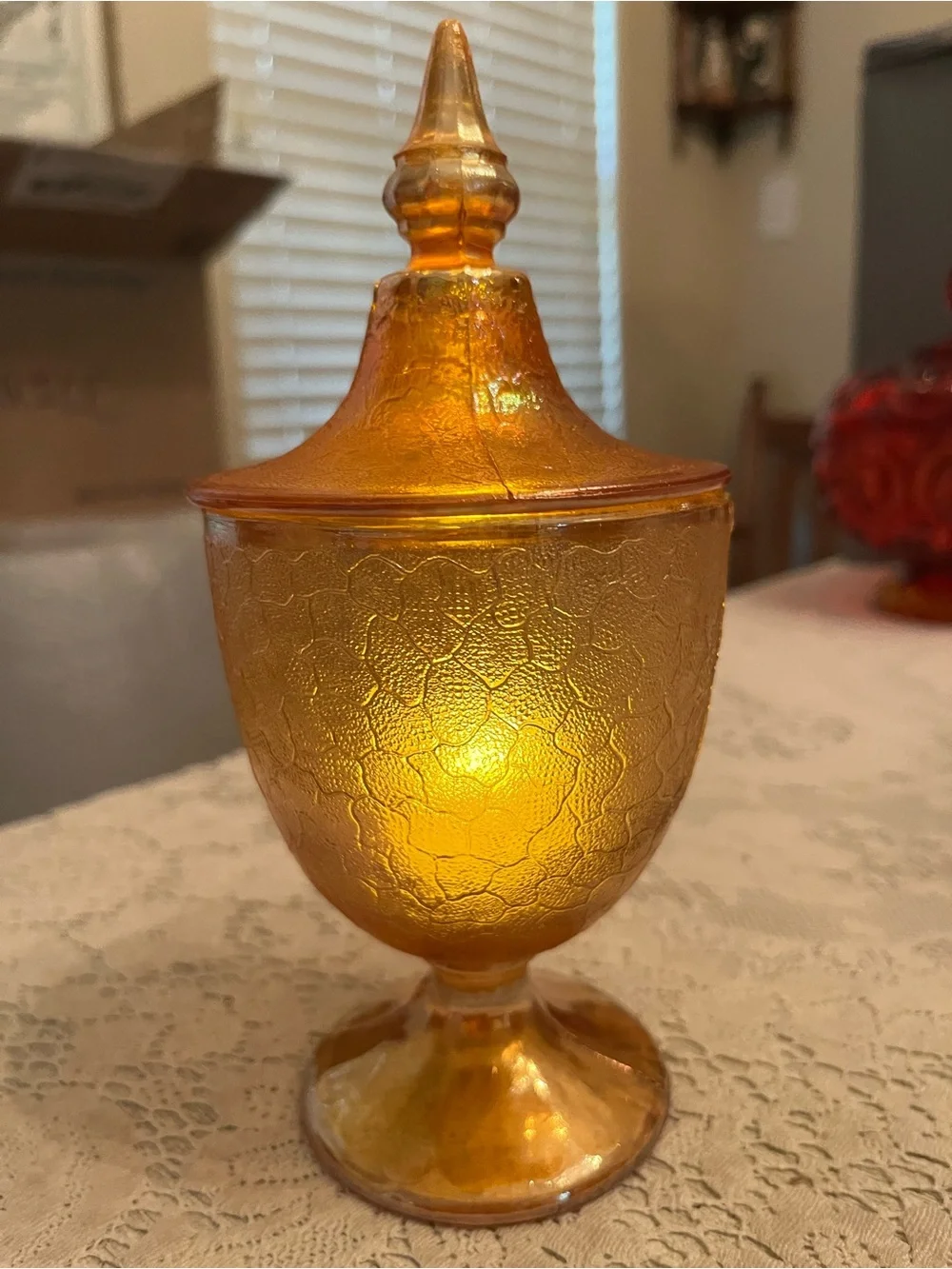 Vintage Marigold Carnival Glass Apothecary Fairy Lamp Pedestal Jar